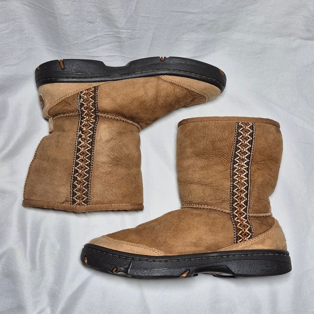UGG Chestnut Brown Suede Winter Boots with Decorative Stitching - Picture 2 of 12